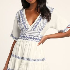 Lulu's White Mini Dress with Blue Embroidered Trim